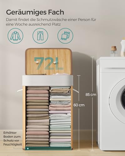 SONGMICS Wäschekorb mit Deckel, 72 Liter, Wäschesammler aus Bambus, faltbar, Wäschesack herausnehmbar und maschinenwaschbar, mit Griffen, für Waschküche, Schlafzimmer, naturfarben LCB10Y
