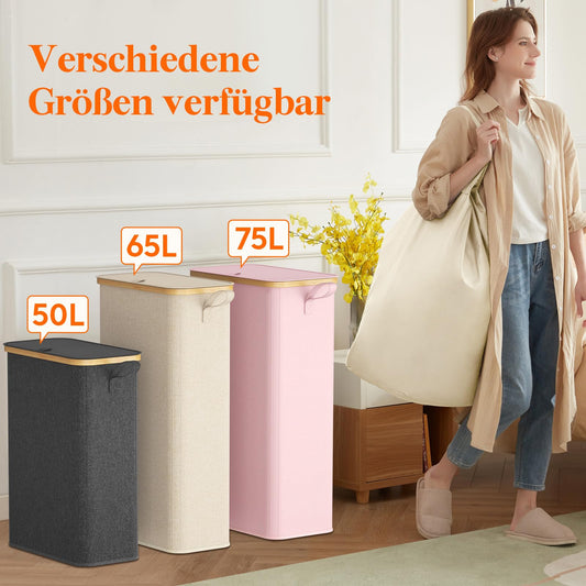 Lifewit 65L Wäschekorb Schmal mit Deckel, Faltbarer Wäschesammler Schmal mit Wäschesack, Laundry Basket Wäscheboxen aus Bambus mit Tragegriff für Apartment, Wohnheim und Wohnwagen, Beige