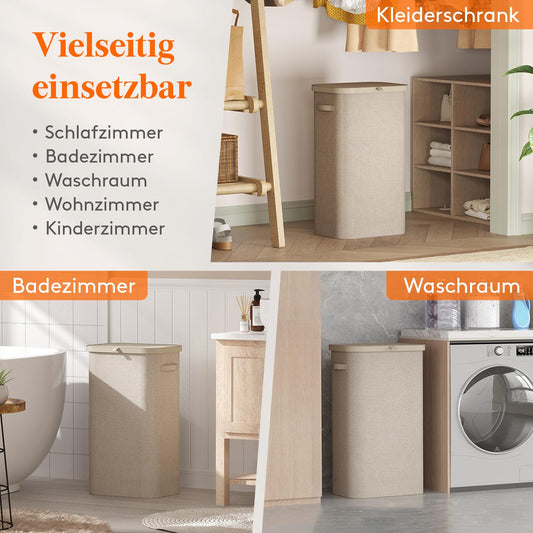 Lifewit 105L Wäschekorb mit Deckel, hoher Wäschekorb mit Kunststoffrahmen, faltbarer großer Wäschekorbsammler, Wäschekörbe für Schlafzimmer, Bad, Beige