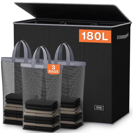 SOLEDI 180L Wäschekorb, Wäschesammler mit Deckel, 3 Fächer und 3 Wäschesack - Großer XXXL Wäschesortierer für Badezimmer, Schlafzimmer, Wäschekammer, Kinderzimmer - 3 x 60L