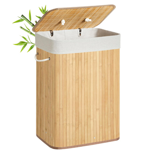 SONGMICS Wäschekorb mit Deckel, 72 Liter, Wäschesammler aus Bambus, faltbar, Wäschesack herausnehmbar und maschinenwaschbar, mit Griffen, für Waschküche, Schlafzimmer, naturfarben LCB10Y
